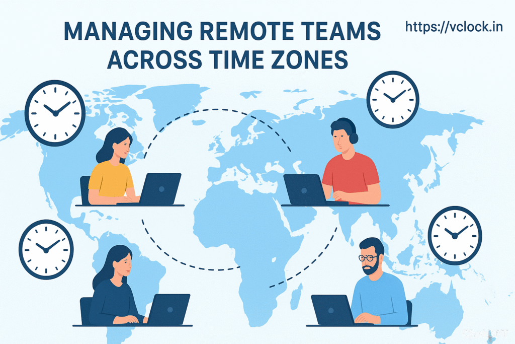 Illustration of remote team members working from different countries, each shown with clocks representing various time zones, symbolizing coordination and collaboration across global locations.