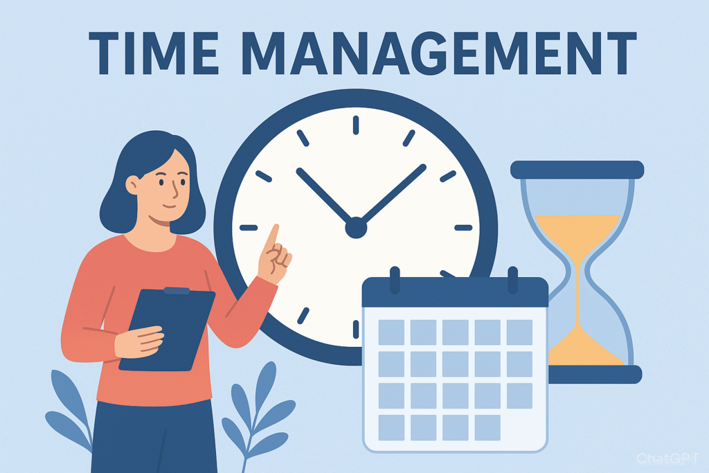 Illustration of time management concept showing a clock, calendar, and checklist symbolizing productivity, organization, and effective scheduling.