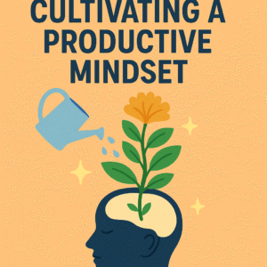 Illustration of a human head in profile with a plant growing from the brain, watered by a blue watering can, symbolizing growth and self-improvement under the title 'Cultivating a Productive Mindset' on an orange background.