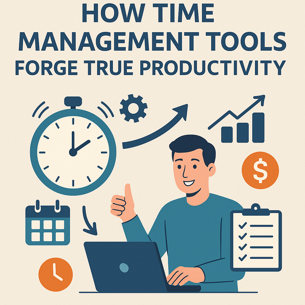 Illustration of productivity tools such as calendars, planners, and task apps symbolizing how effective time management tools help professionals stay focused, organized, and achieve true productivity.